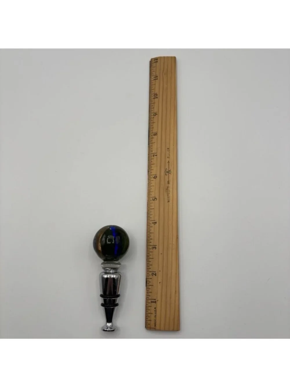 Art Glass Wine Bottle Stopper Topper Green Ball Gold Blue Striped Glossy Bubbles